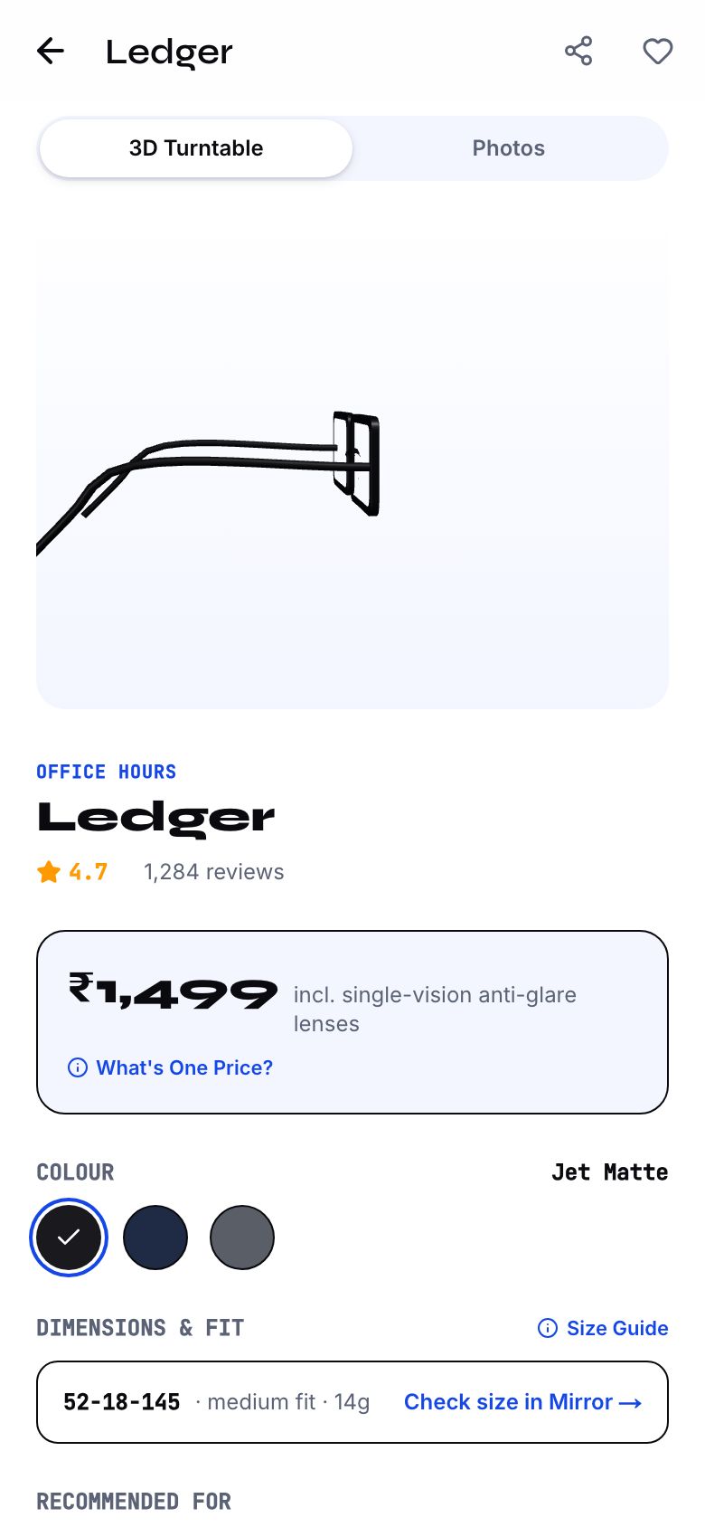Product page for the Ledger frame showing ₹1,499 with single-vision anti-glare lenses included