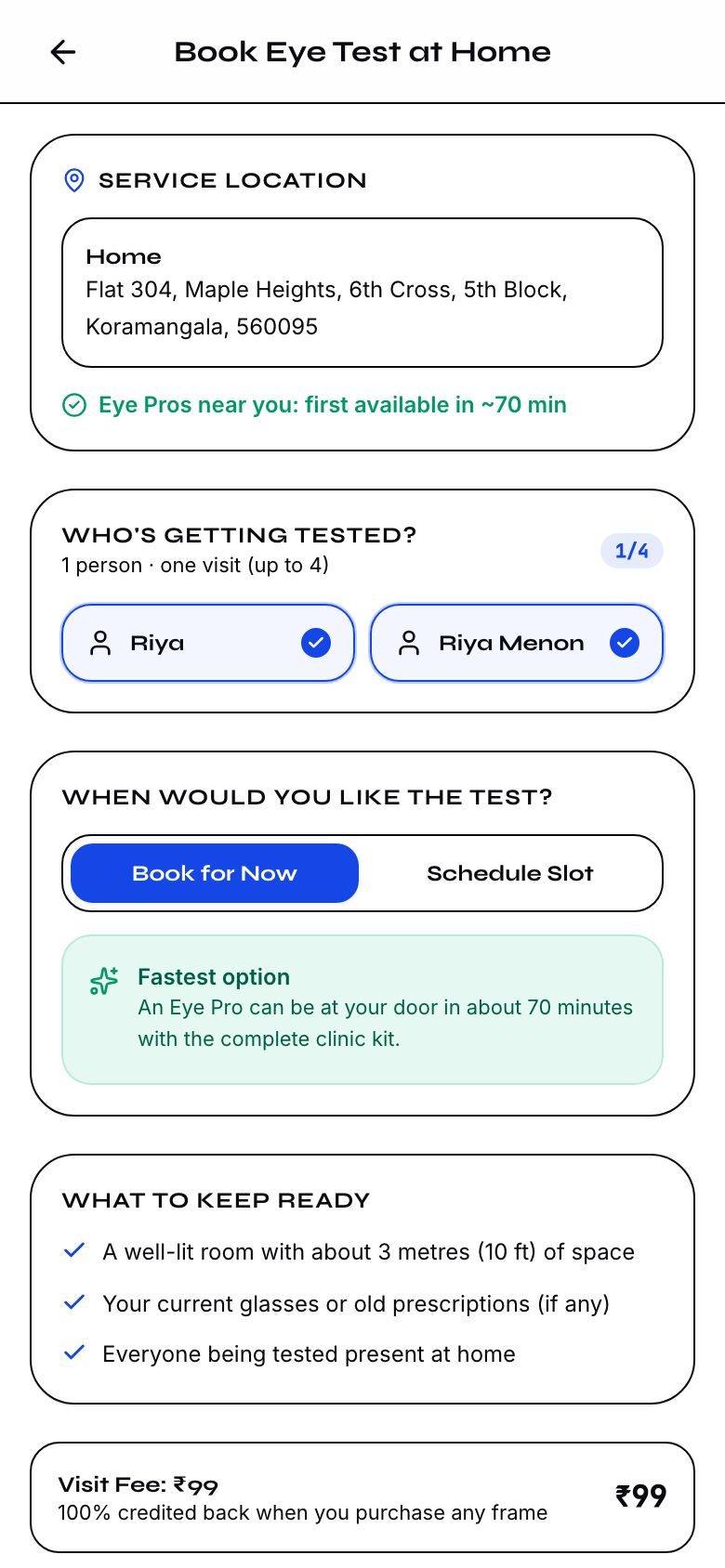 Book Eye Test at Home screen with address, people being tested and a Book for Now option