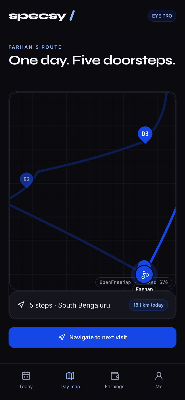 Eye Pro day map showing five doorsteps across South Bengaluru