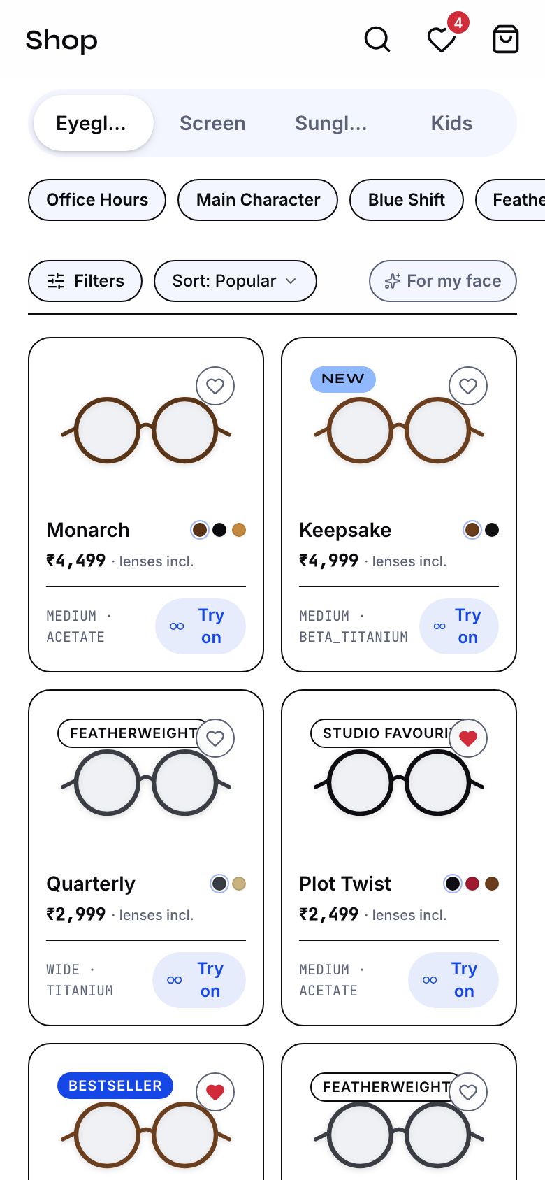 Specsy Shop screen with a grid of round and rectangular frames and their One Price tags